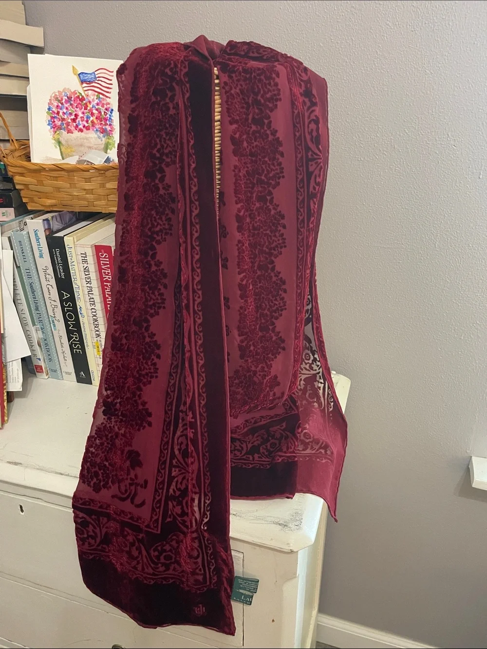 Lauren Ralph Lauren Deep Burgundy Burnout Velvet Scarf Rayon Silk